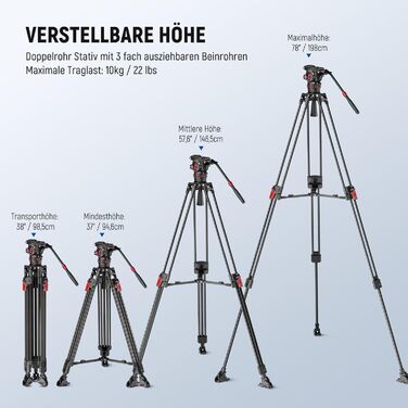 NEEWER Штатив відео професійний 74' з Fluid-головкою, сумісний з DJI RS, для DSLR, максимальне навантаження 8кг (LL37)
