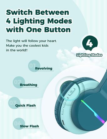 iClever навушники Bluetooth для дітей з LED-підсвіткою, Over-Ear, обмеження гучності 74/85dBA, 85 годин роботи, Bluetooth 5.2, мікрофон, BTH12, зелені