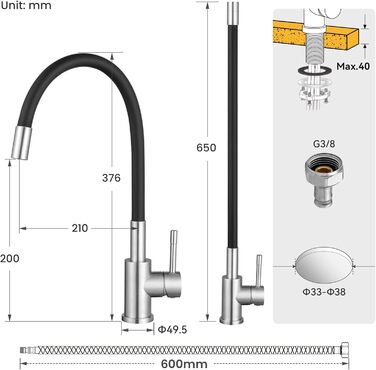 Кран кухонний CECIPA SOFETIY SERIE чорний матовий, з гнучким гусаком 360°, для високого тиску, з нержавіючої сталі, для мийки, однорегуляторний