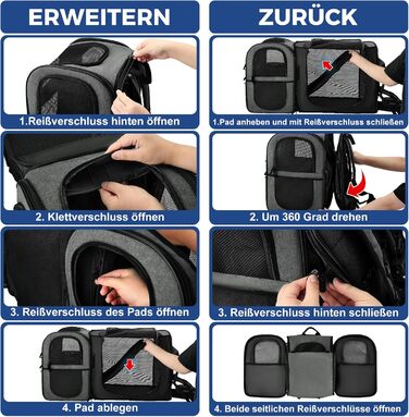 Рюкзак для собак та котів Apollo Walker - для маленьких тварин (2-15 кг), з підтримуючим каркасом, дихаючий, розширюваний, сірий