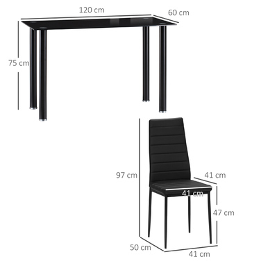HOMCOM 5-piece dining set: dining table with 4 chairs, tempered glass top, black steel, for dining room & kitchen