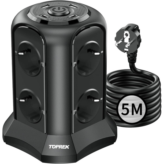 Многорозеткова смуга з USB, 8 розеток, з вимикачем, 4000W/16A, захист від перенапруги, 5м кабель, чорний колір