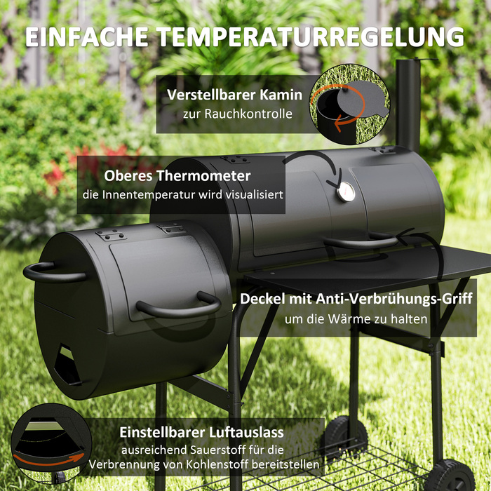 Сталевий вугільний гриль Outsunny BBQ Smoker з кришкою, термометром, колесами, полицею, мобільний гриль-візок з регулюванням подачі повітря, кошик для вугілля, вугільний гриль для барбекю, кемпінгу, саду 109x60x120 см | Aosom