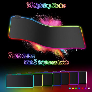 Килимок для миші ігровий RGB 800x300mm XXL, великий, з 14 режимами підсвічування, 7 LED кольорами, вологостійкий, з антиковзким покриттям для комп'ютера, ПК, професійних геймерів, чорний