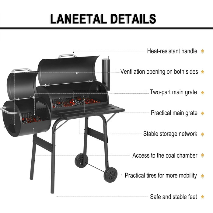 Гриль на вугіллі з кришкою Griller Outdoor, металевий гриль-вагон із колесами та робочою поверхнею, чорний садовий гриль для кемпінгу