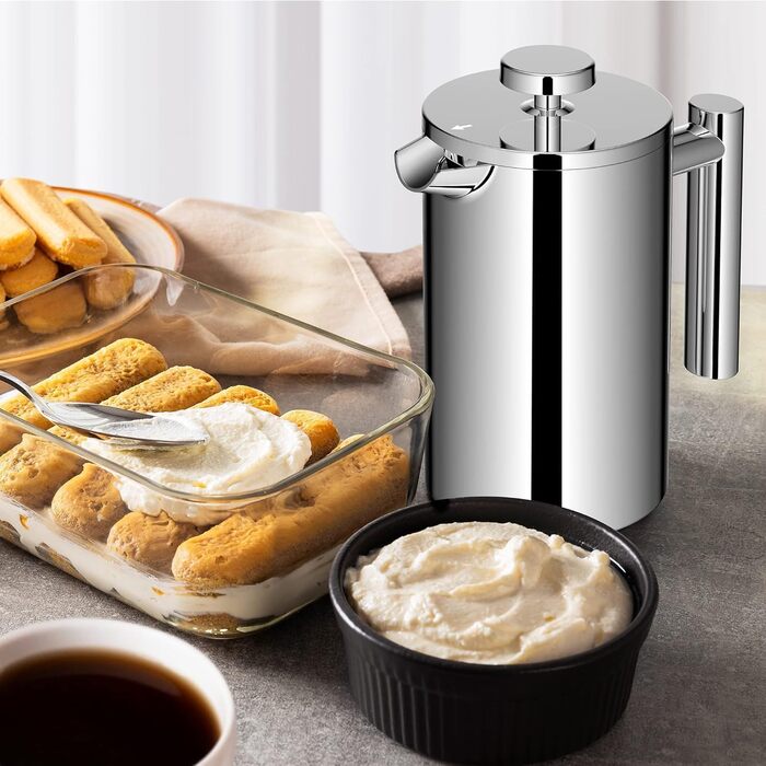 Make a French Press Coffee Maker, 1500 ml large insulated French Press, double-walled insulated stainless steel, 3-stage filter system, French press for home, camping and office, Silver (350ML)