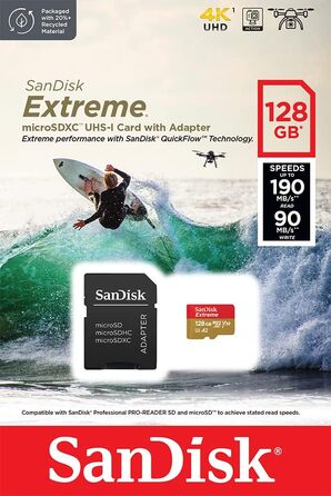 Карта пам'яті SanDisk Extreme microSDXC 128GB з адаптером, швидкість читання до 190МБ/с (набір 2 шт.)