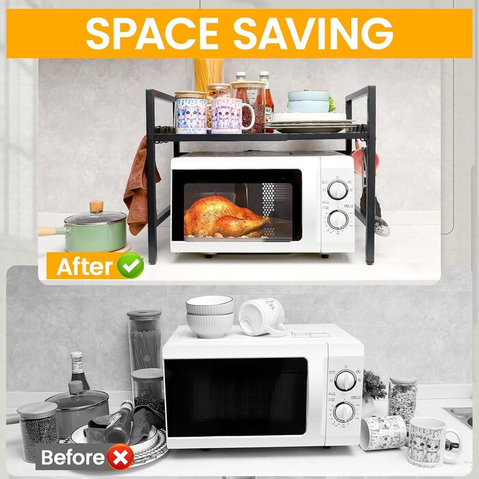 Регульована полиця для мікрохвильової печі, 2-ярусна, розширювана полиця для кухні з вуглецевої сталі з 8 гачками, підставка для кухонного приладдя, стійка для мікрохвильової печі та органайзер для кухні