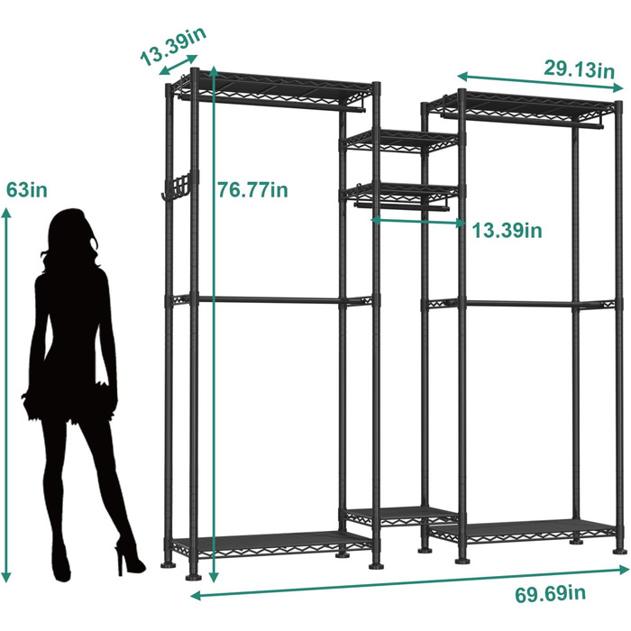 Clothes Rack, Clothes Rack, 4-Tier, Adjustable Closet Organizer System with Drawer | Double Rods | Side Hooks | Holds 445 lbs (L-shaped Clothes Rack for Corners)