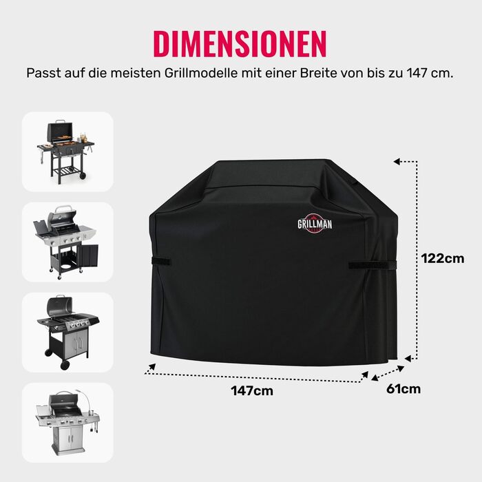 Чохол для газового гриля Grillman, водонепроникний, пилозахисний, чорний, 147x61x122 см