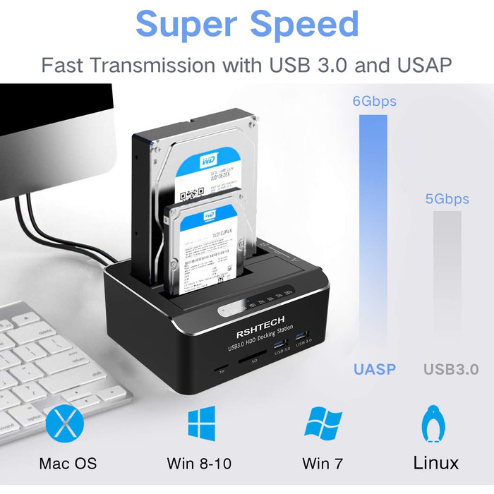 Док-станція для жорстких дисків RSHTECH з двома відсіками, USB 3.0, алюміній, підтримка 2.5/3.5