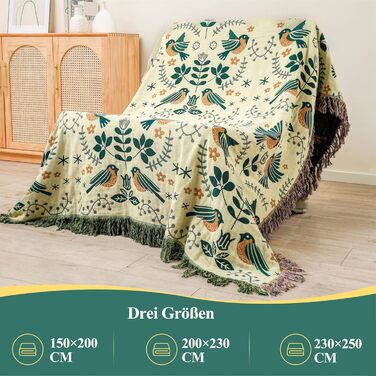 HOORDRY Boho Throw Blanket for Bed - 100% Cotton Ultra Soft Rustic Quilt - Bird Floral Printed Farmhouse Decor Bedspread, 200×230CM All Season Rustic Throw for Sofa Couch Chair Green Bird 200×230CM