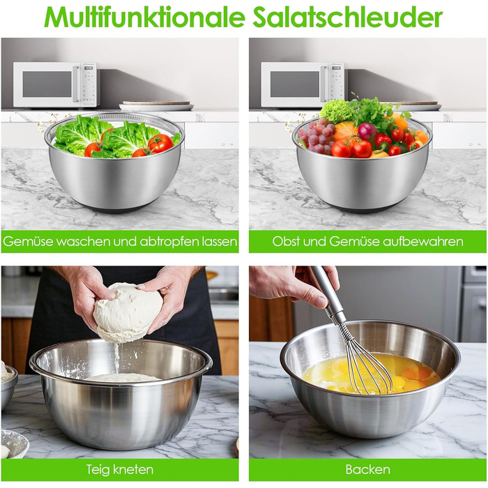 Салатниця-центрифуга з нержавіючої сталі, 4,5 л, з кришкою, неслизьким дном, для миття та відціджування салатів, макаронів