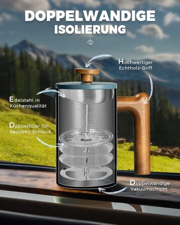 Poliviar French Press Coffee Maker 600 ml/21oz, Double-Walled Insulated Coffee Pot and Teapot, Manual Filter Coffee Press with Plunger & Wooden Handle, JX2024-SFPLN-DE 600ml Green - Cracked