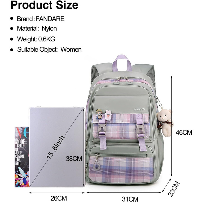 Шкільний рюкзак FANDARE: водонепроникний, з плюшевим брелоком та нашивкою, для хлопців та дівчат, для школи, подорожей та відпочинку. Сірий.