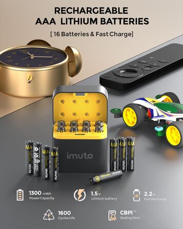 Акумулятори Li-ion AAA 1300mAh Imuto (8 шт.) з зарядним пристроєм, 1.5V, висока ємність, з інтегрованою коробкою для зберігання та зарядки