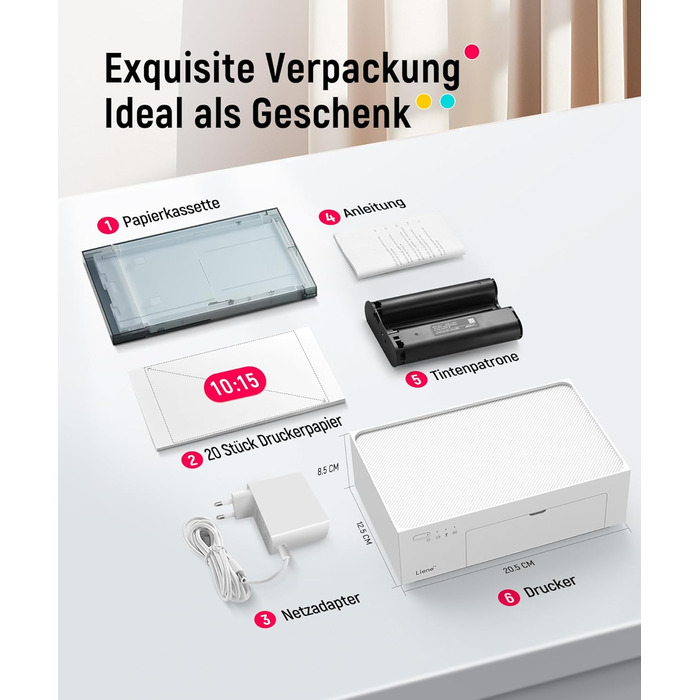 Портативний фотодрук для смартфонів Liene (10x15 см) + 2 пачки фотопаперу (20+80 аркушів), WiFi, сублімація, для iPhone/Android/PC, білий