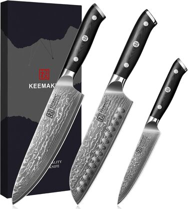 KEEMAKE Кухонний ніж кухарський 20см з дамаської сталі 67 шарів з ручкою G10, ідеальний подарунок на День батька (набір ножів Damast 3 шт)