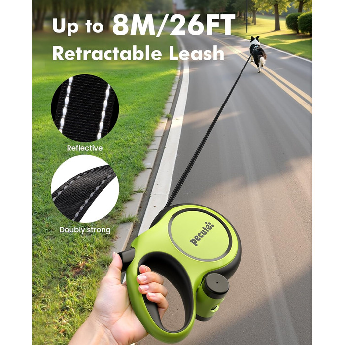 Рулетка для собак Pecute 8м, бісостійка, з набором для збору відходів, 360° без перекручування, для собак середніх та великих (15-50кг), зелена