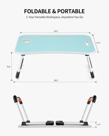 Складаний столик для ноутбука, портативний столик на колінах, приліжковий столик, підставка для ноутбука з тримачем для напоїв та слотом для планшета, з підйомним ручками для роботи, письма, малювання та їжі (Рожевий) (Блакитний)