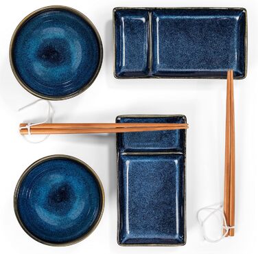 Набір для суші Urban Lifestyle на 2 особи: посуд з кераміки з реактивною глазур'ю, 2 тарілки, 2 мисочки для рису та супу, 2 палички, Marineblau MISAKI блакитний