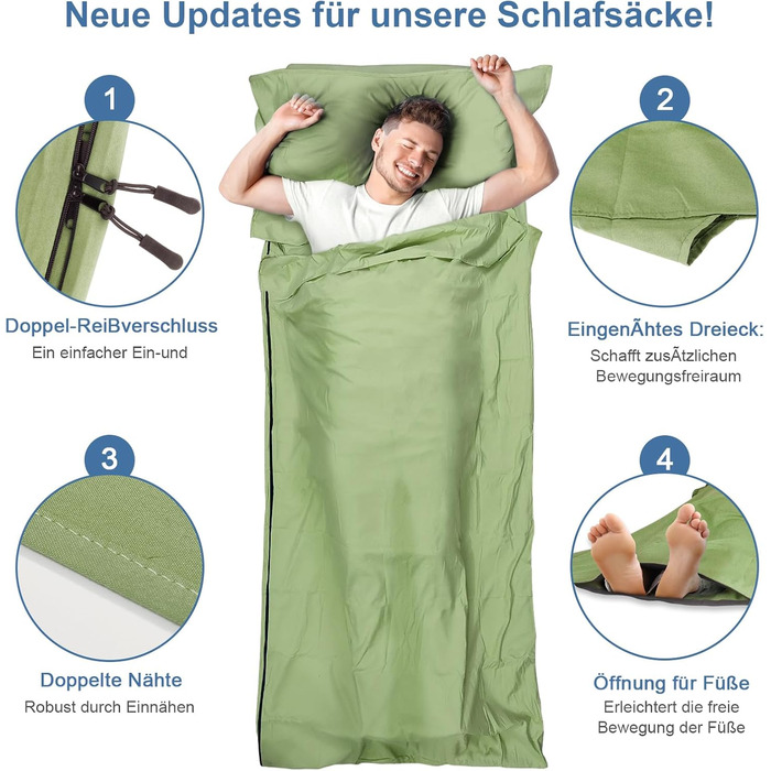 Спальний мішок для кемпінгу 2в1, мікрофібра, 220x95 см, зелений