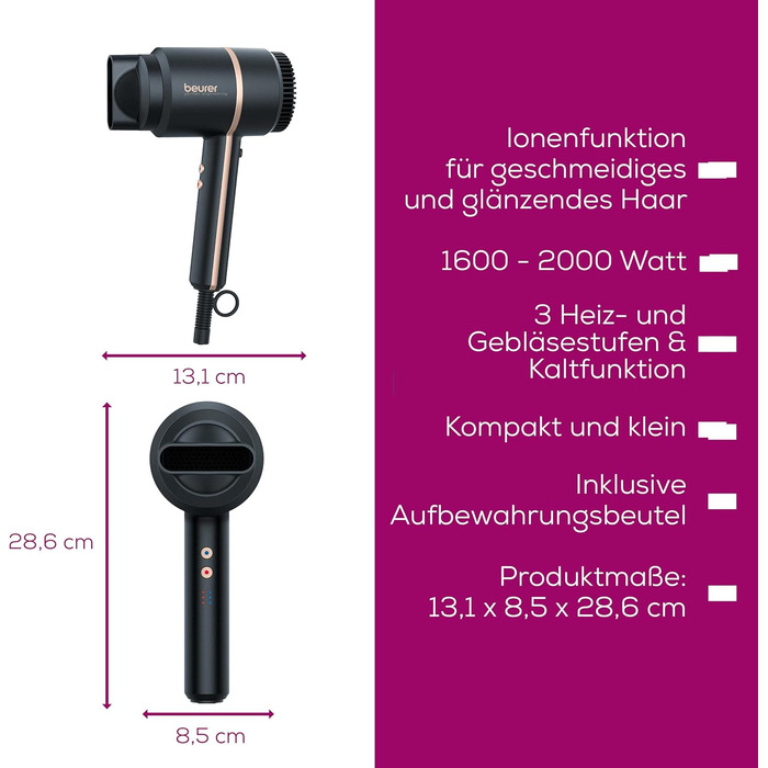 Фен Beurer HC 35 з іонізацією, чорний: потужний, з насадкою, LED-дисплей, для блискучого волосся