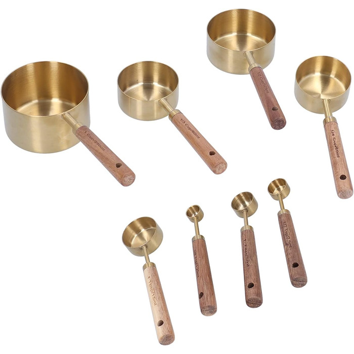 KOSDFOGE 8-Piece Stainless Steel Measuring Cup Set with Wooden Handle, Bartending Scale, Measuring Spoons, Baking Tool