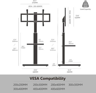 Підставка для телевізора FITUEYES біла з дерев'яною основою, регульована по висоті та поворотна, для телевізорів 32-70 дюймів (плоских та curved), до 40 кг, VESA 600x400