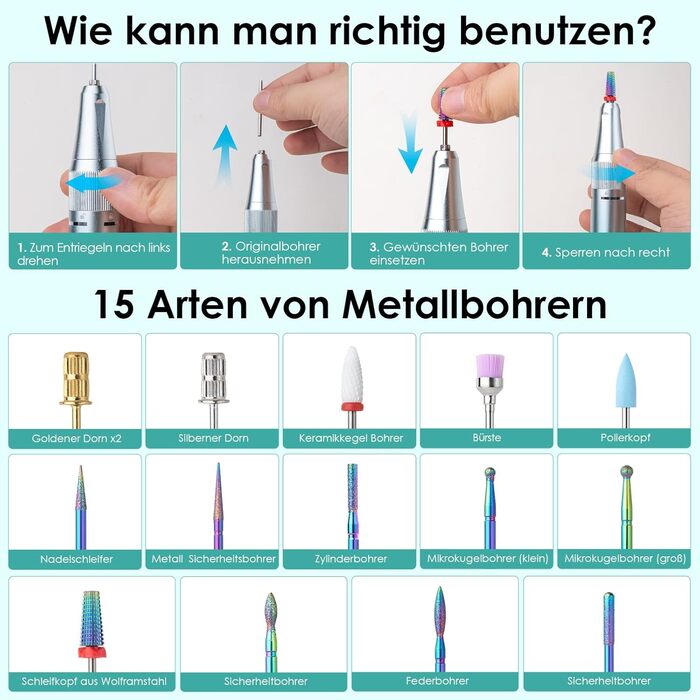 Електричний фрезер для манікюру та педикюру Profi Set 16 в 1 з LCD дисплеєм, 40000 об/хв, F/R, для гелевих нігтів, портативний, фіолетовий, блакитний, білий