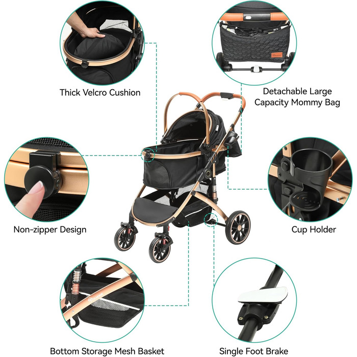 Візок для собак YITAHOME 3 в 1, до 22 кг, чорний. Складаний, для маленьких собак та котів