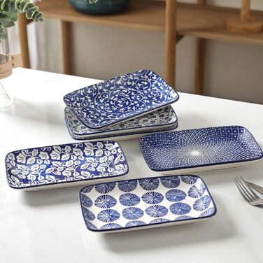 Сервірувальна тарілка Selamica 21 см, прямокутна, набір з 6 шт. для 6 осіб, десертна, для салатів, суші, фруктів, вінтажний синій колір