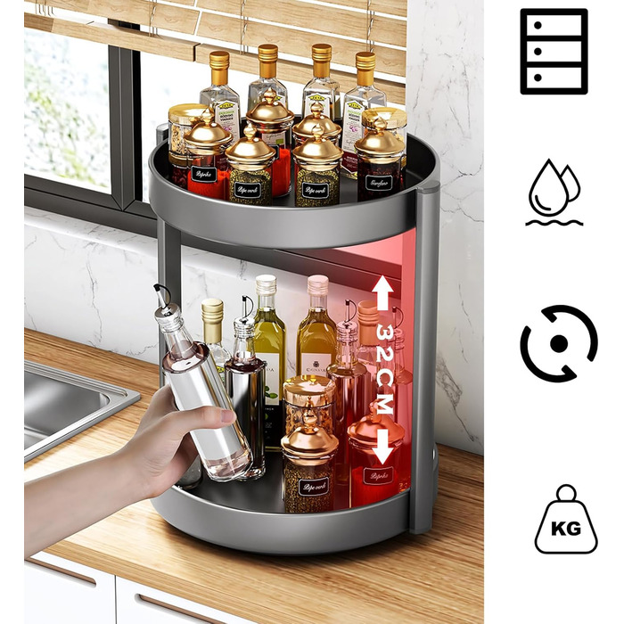 Організатор для спецій Drehteller, поворотна полиця 2 яруси, метал, для шафи, кухні, косметики, ванної кімнати (сірий)