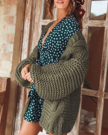 Жіночий в'язаний кардиган Cicy Bell з широкими рукавами-ліхтариками, оливковий колір