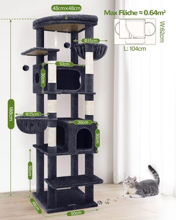 Драбина для котів Globlazer XXL, 188 см, з будиночком, платформами та кошиками. Стабільна, не хитається, для великих котів. Темно-сірий колір