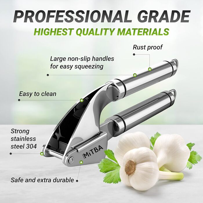 MiTBA Garlic Press Set with Non-Slip Handles - Includes Crusher, Silicone Peeler & Cleaning Brush