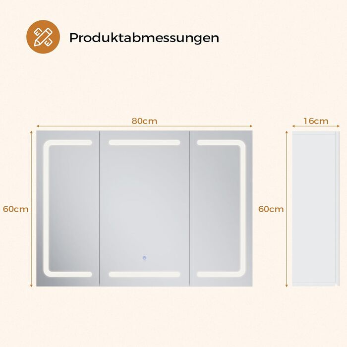 Дзеркало шафа для ванної кімнати з LED-підсвіткою, розеткою та 3 колірними температурами, 60x90x16 см, диммер, сенсорне управління, 3 регульовані полиці, білий колір