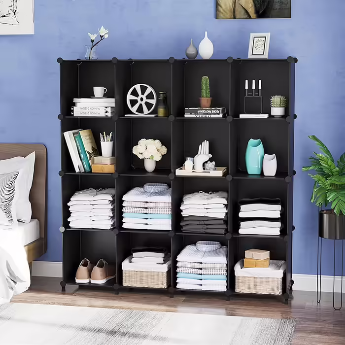 AWTATOS Closet with 16 Cubes, Storage Shelves, DIY Cube Shelf, PP Plug-in Shelf, Plastic, Kids' Shelf, Toy Shelf, Folding Closet, Shelves, Standalone Shelf, Black ULPZ017