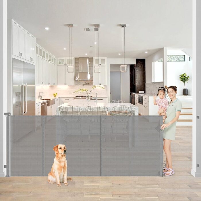 Захисний бар'єр для дітей, котів та собак: розтяжний захист для сходів та дверей (300 см, сірий)