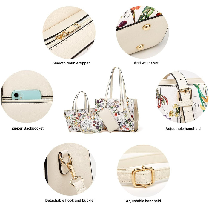 Набір сумок YTL для жінок: сумка-тоут, шопер, сумка на плече, гаманець та картник (білий квітковий принт) для офісу, школи, покупок, подорожей - елегантний подарунок