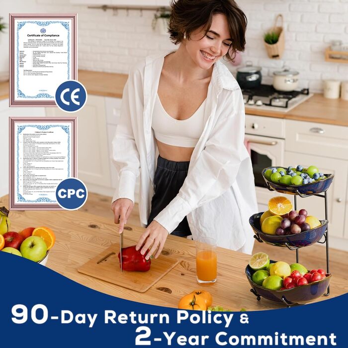 DUJUST Трирівнева етажерка для фруктів з кераміки, 3 яруси, сучасний дизайн, обпалена глазур, для кухні, зберігання фруктів, стабільна, придатна для миття в посудомийній машині