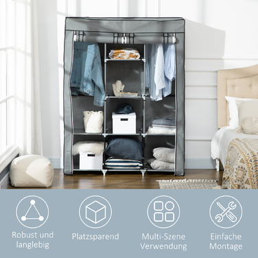 HOMCOM Fabric Closet with Hanging Rod, Folding Wardrobe 8 Tiers, Light Grey for Bedroom & Hallway
