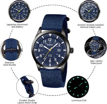 HANPOSH чоловічий годинник: тактичний годинник для військових, армійський годинник з датою, водостійкий (3ATM), кварцовий годинник для активного відпочинку та спорту (блакитний, сірий, блакитний)