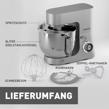 Кухонна машина Heinrichs з подвійним гаком для тіста, міксер, 2500W, 8L чаша з нержавіючої сталі, 8 швидкостей, тиха робота, колір 