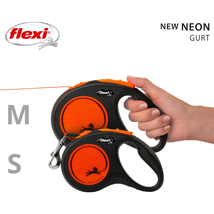 Еластичний повідок Flexi Neon S чорний/неоновий помаранчевий, 5 м, світловідбиваюча поверхня, для собак до 15 кг