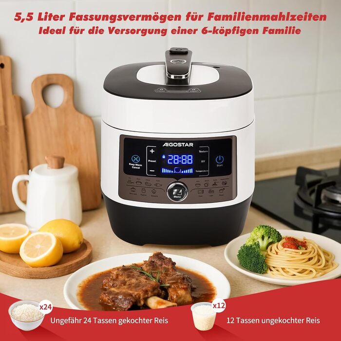Мультиварка Aigostar Panda 5.5л, 7-в-1, 14 програм, LED-дисплей, 1000W, антипригарне покриття