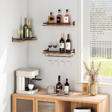 HOOBRO Wall Mounted Wine Racks 3-Piece Set, Wine Racks, Hanging Floating Wall Shelves, Wine Glass & Bottle Holders, Stemware Holders, for Living Room, Dining Room, Kitchen, Vintage Brown and Black EBF34BJ01