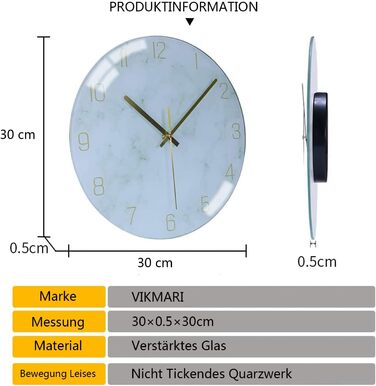 VIKMARI Glass Wall Clock Silent-Non Ticking Wall Clocks - Quality Quartz, Battery-Operated Round 12 Inch (Bracelet Style)