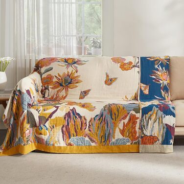 Богемна ковдра Softexly Boho Decke 100% бавовна – двостороння муслінова ковдра 150x200 см, м'яка софа та ковдра на ліжко, естетичний дизайн, ідеально підходить для вітальні та спальні, Orange/Grün Blütentraum (230 x 250 см, Sommertanz)