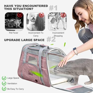 Транспортна переноска для собак та котів PETCUTE, переноска для тварин з м'яким матрацом, тканина Oxford, з регульованим ременем, відповідає стандартам авіакомпаній (Рожева, 51 x 23 x 35 см)